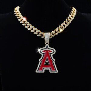 Fashionable full diamond red A baseball team necklace men's trendy hip-hop Cuban